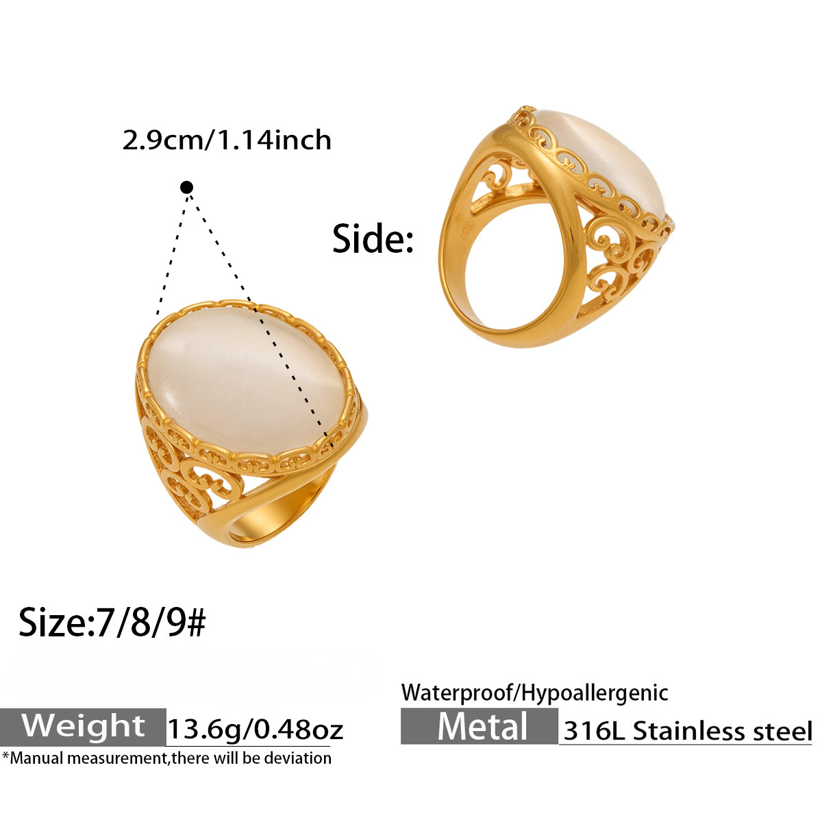 Stainless Steel Hollowed-out Cat's Eye Stone Open Ring