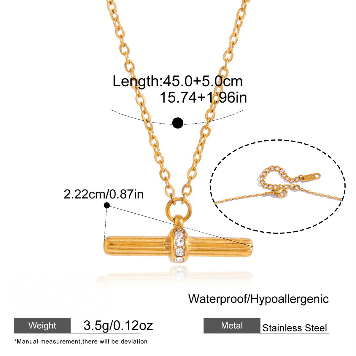 Stainless Steel Rhinestone T-bar Necklace Earrings Jewelry Set