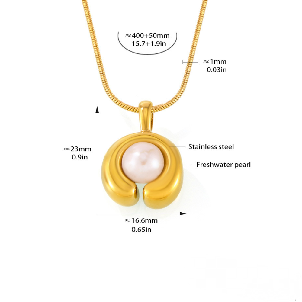 C-Shaped Inlay Freshwater Pearl Pendant Stainless Steel Necklace