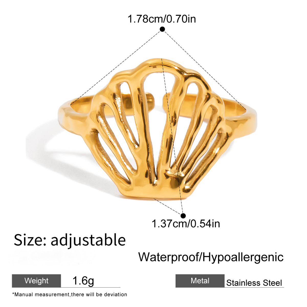 Stainless Steel 18K Gold PVD Shell Open Ring