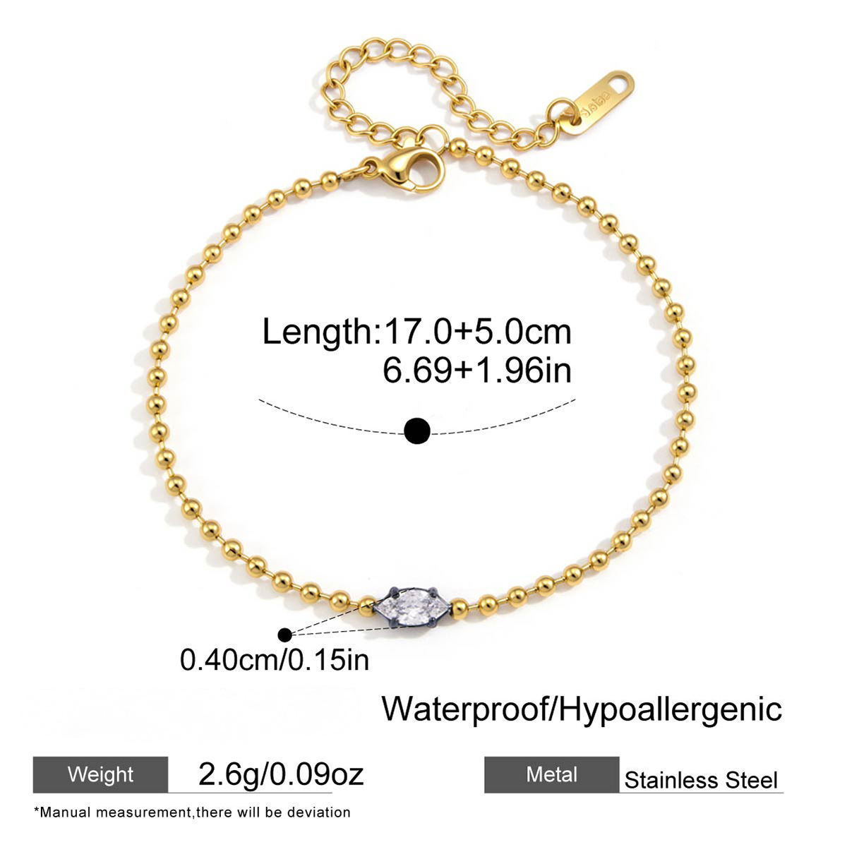Stainless Steel Water Drop White CZ Bead Chain Bracelet
