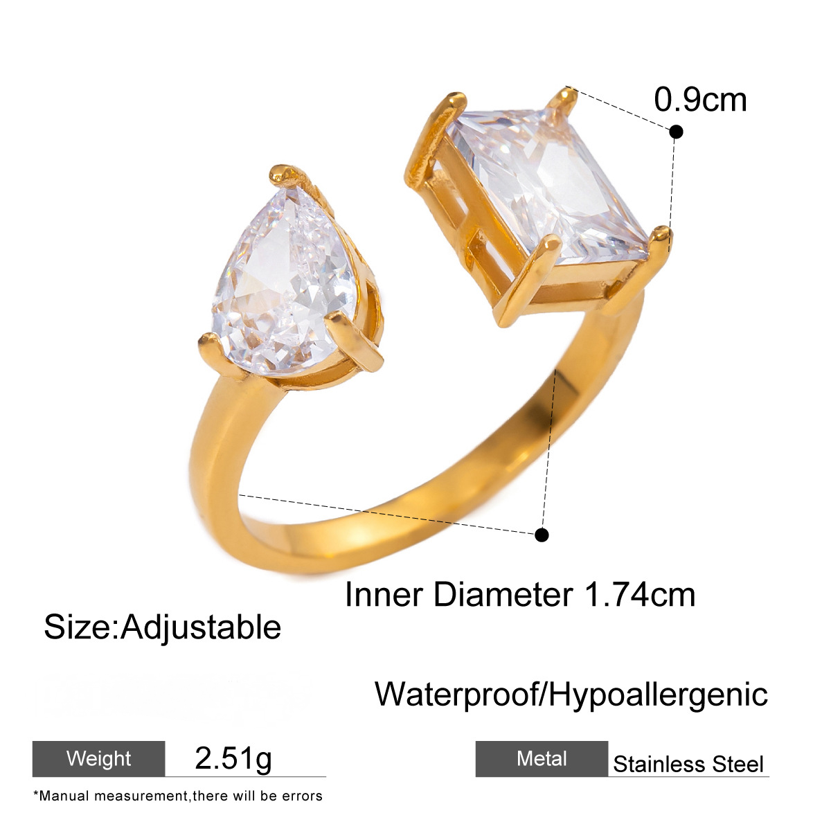 Stainless Steel Geometric Cubic Zirconia Open Ring