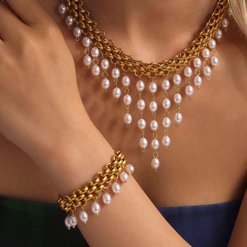 Stainless Steel Chain Imitation Pearl Tassel Multi-layer Necklace Bracelet Jewelry Suit