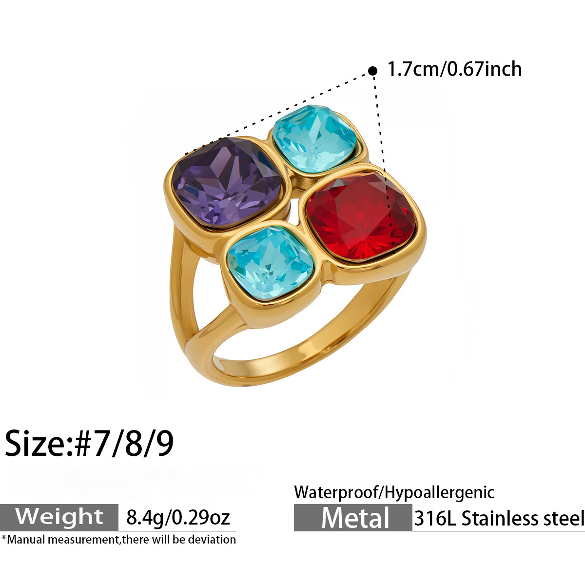 Stainless Steel Colored Glass Stone Ring