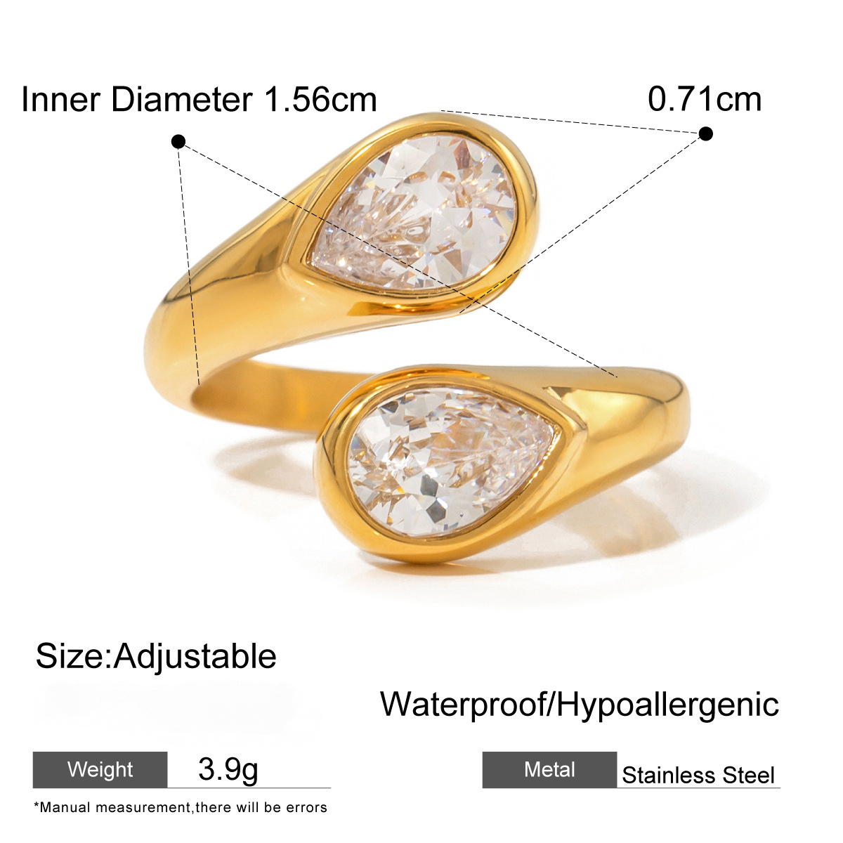 Stainless Steel Geometric Cubic Zirconia Open Ring