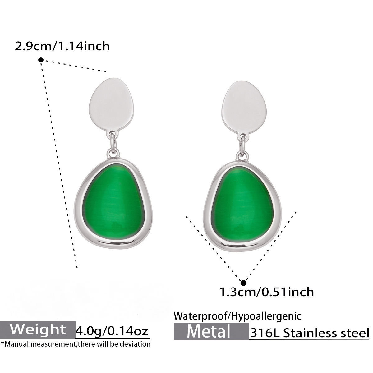 Stainless Steel Water Drop Cat's Eye Stone Necklace Earrings Bracelet Jewelry Set
