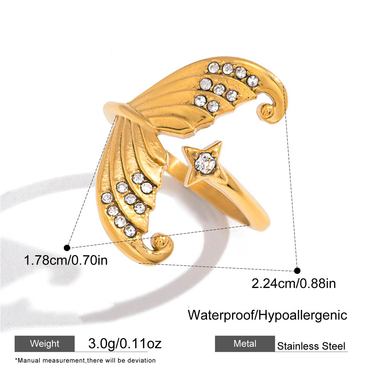 Stainless Steel White Rhinestone Fish Tail Star Open Ring