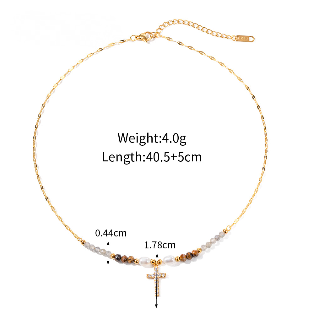 Vintage Stainless Steel Pearl Cross Pendant Necklace
