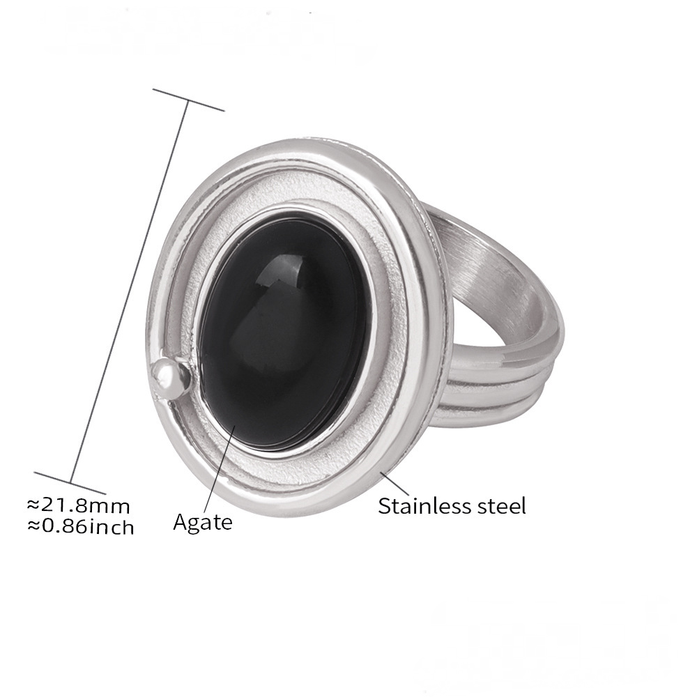 Stainless Steel Oval Black Agate Ring