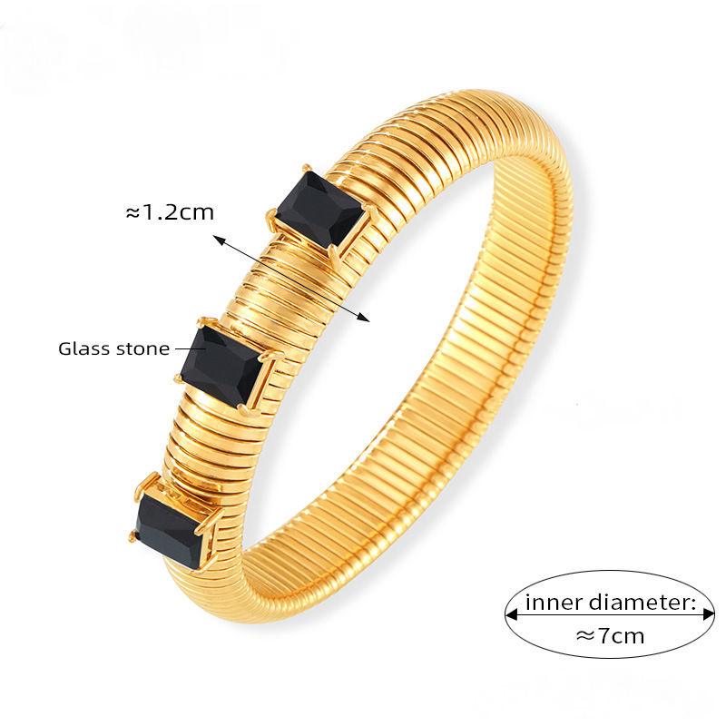 Stainless Steel Glass Stone Textured Bangle Bracelet