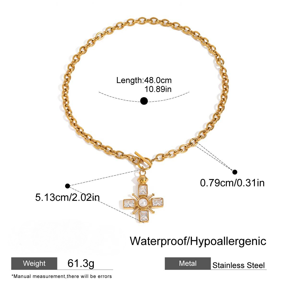 Stainless Steel Purple Cubic Zirconia Pearl Cross Pendant Necklace