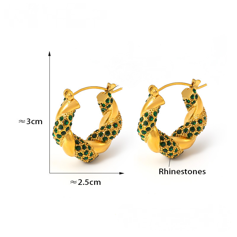 Stainless Steel Twist Shape Inlay Rhinestones Hoop Earrings