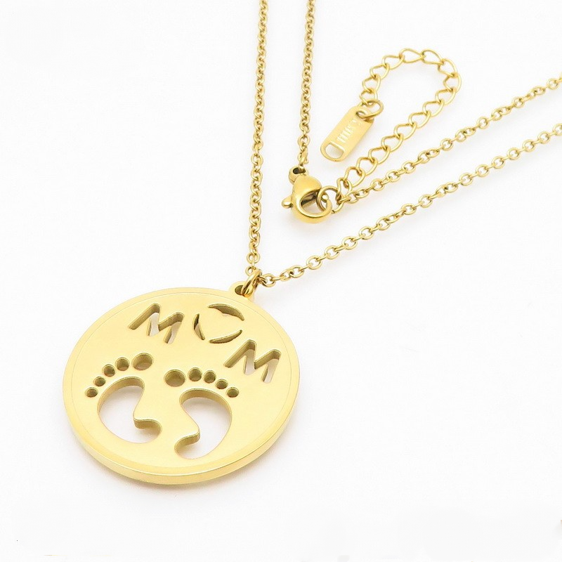 Tainless Steel Round Pendant Mom Letter Footprint Pattern Necklace