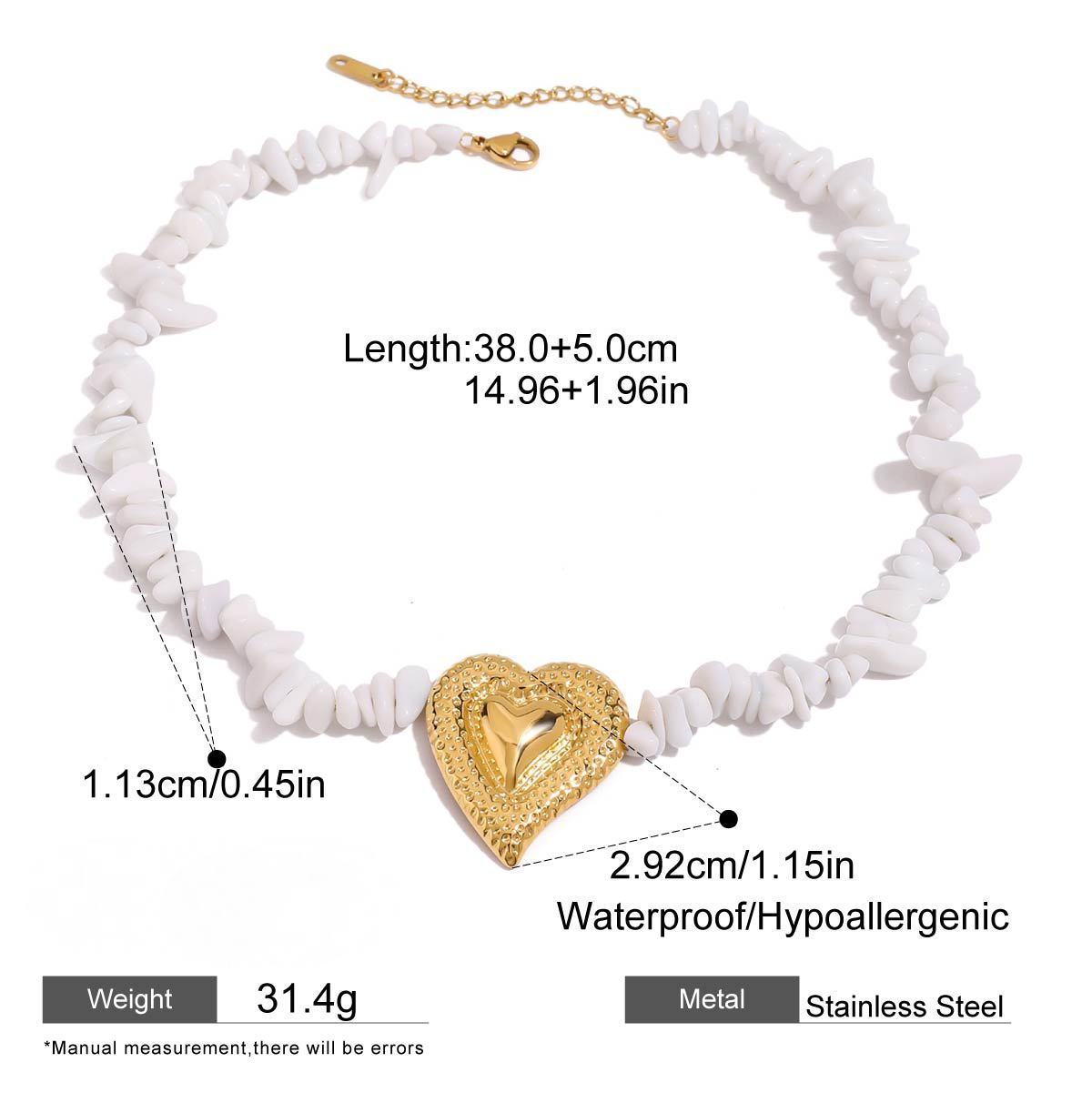 Stainless Steel Hammer Patterned Heart-shaped White Crushed Stone Necklace
