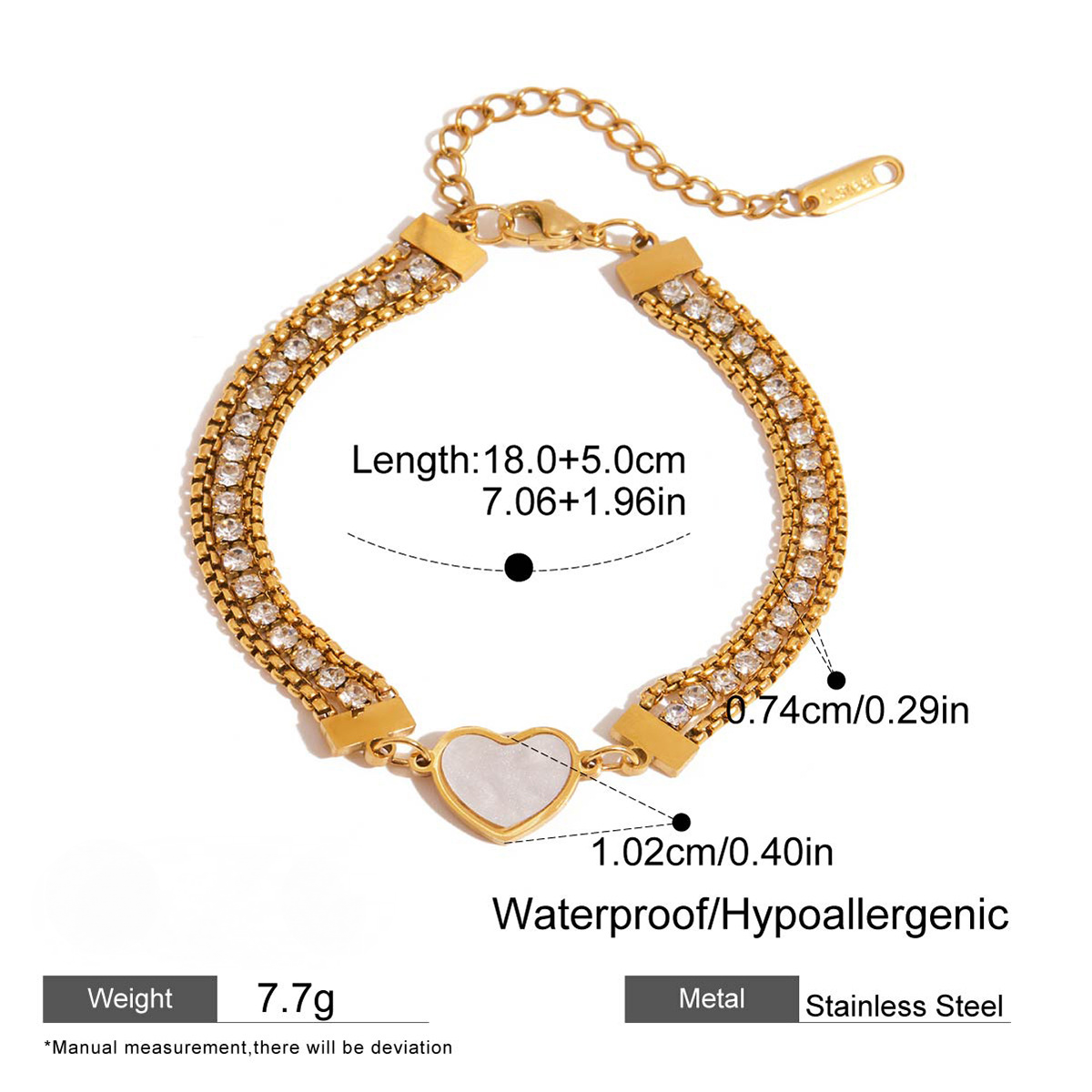 Stainless Steel Cubic Zirconia Heart Mother of Pearl Bracelet