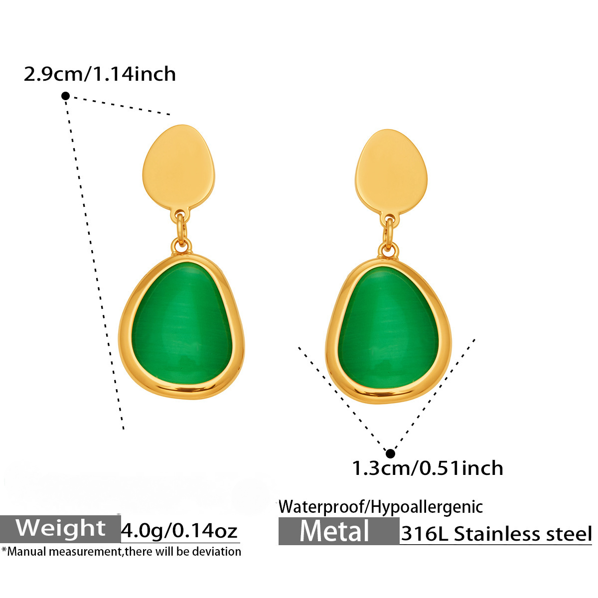 Stainless Steel Water Drop Cat's Eye Stone Necklace Earrings Bracelet Jewelry Set