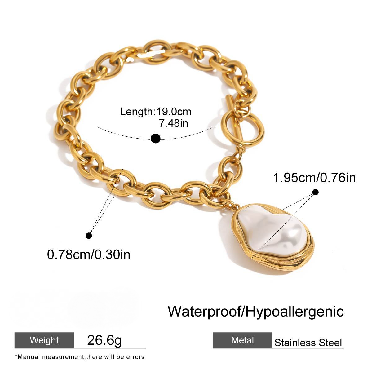 18K Gold PVD Stainless Steel Pearl Pendant Bracelet