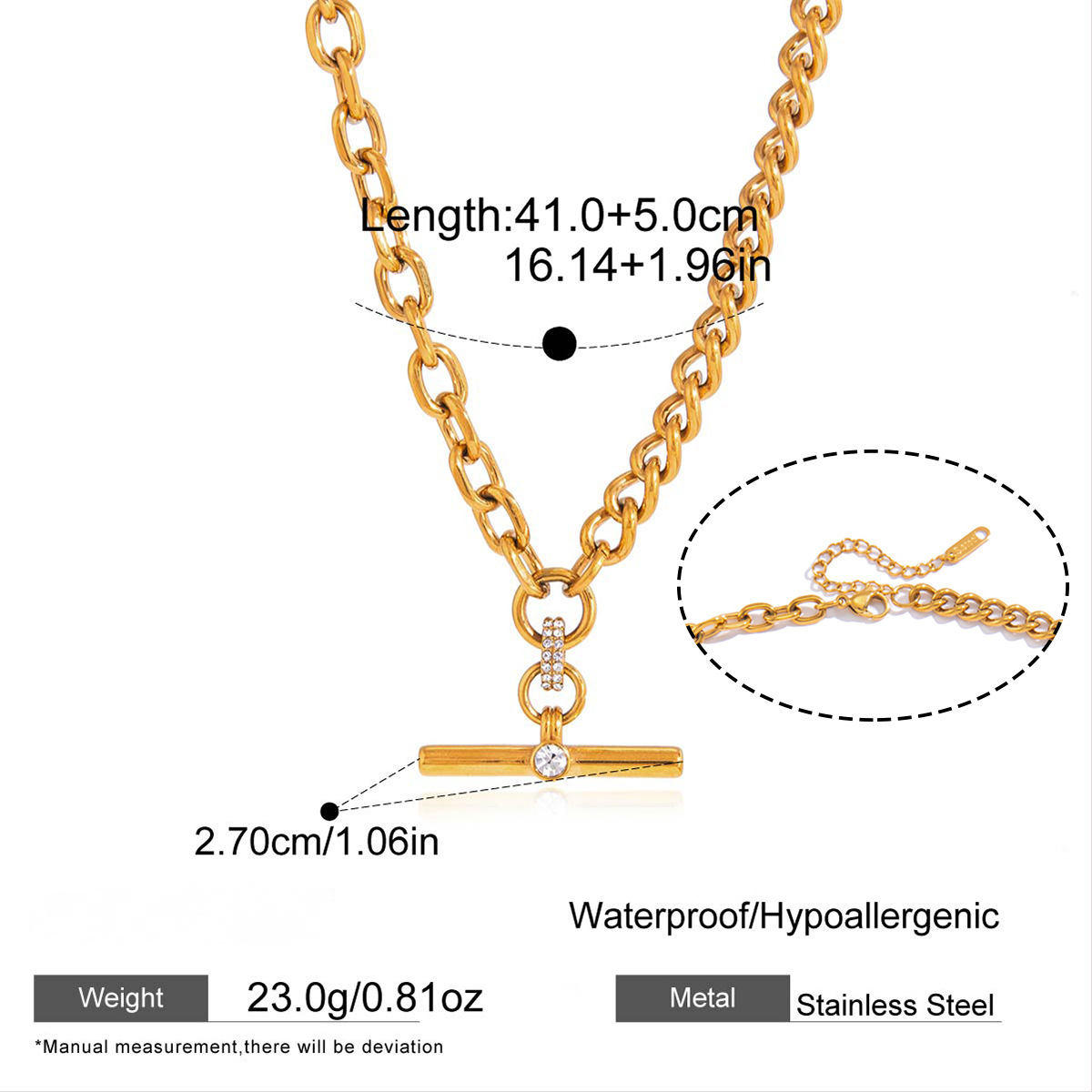 Stainless Steel Rhinestone T-bar Pendant Cuban Chain Necklace