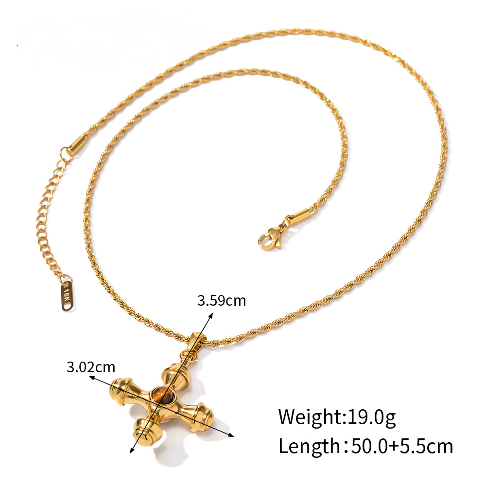 Stainless Steel Inlaid Tiger's Eye Cross Pendant Necklace
