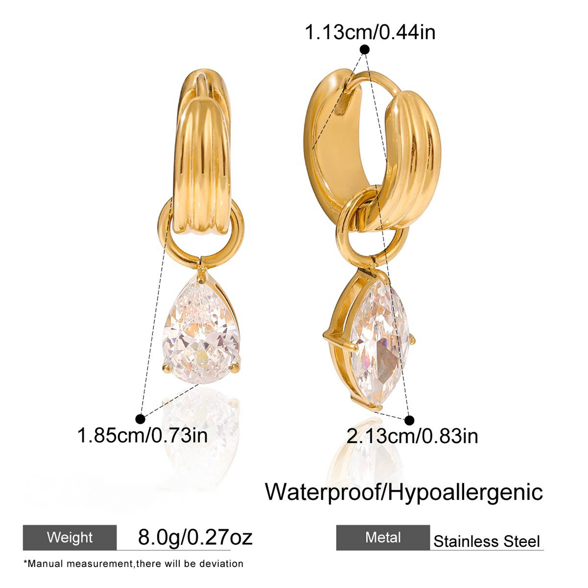 Stainless Steel Geometric Cubic Zirconia Pendant Huggie Earrings