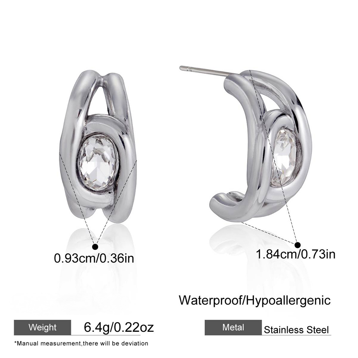 Stainless Steel Classic Cubic Zirconia C-shaped Stud Earrings