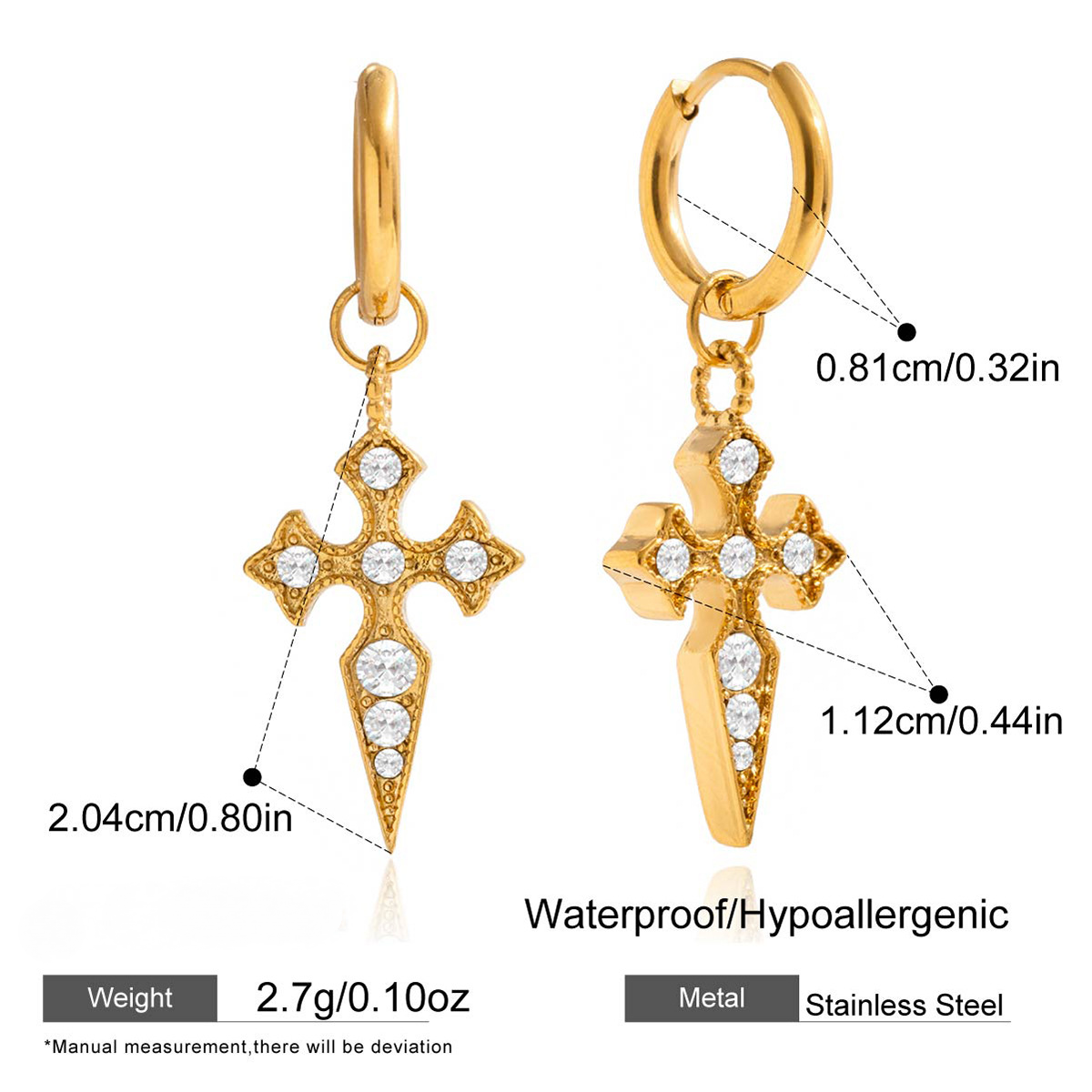 Stainless Steel Rhinestone Cross Bracelet Necklace Earrings Jewelry Set
