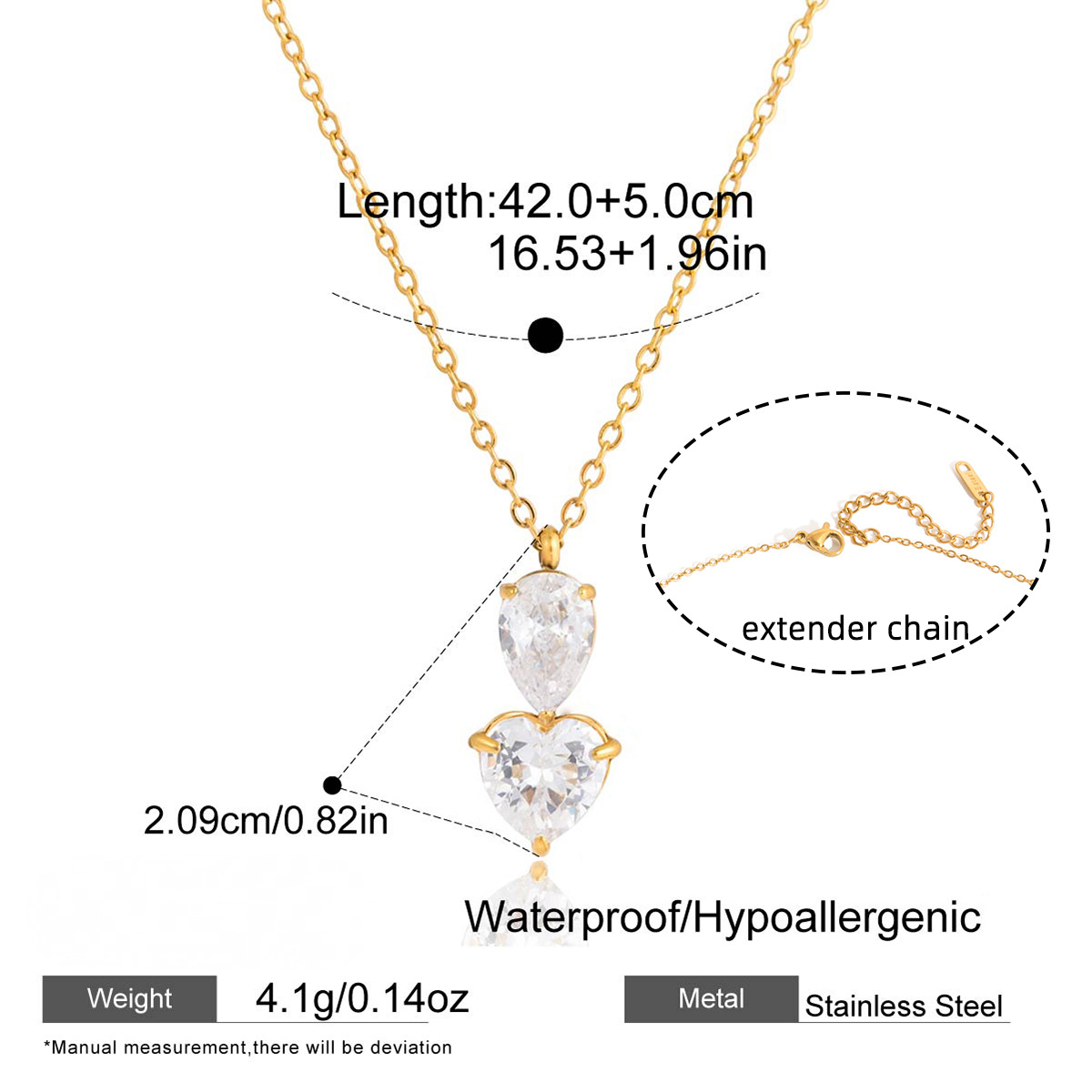 Stainless Steel Water Drop Heart Cubic Zirconia Necklace
