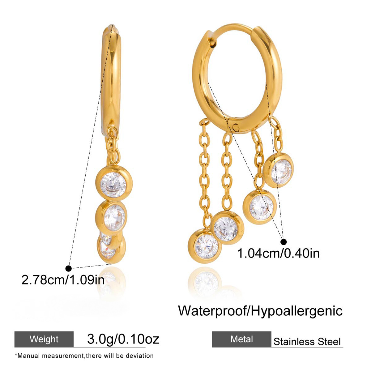 Stainless Steel Tassel Cubic Zirconia Huggie Earrings