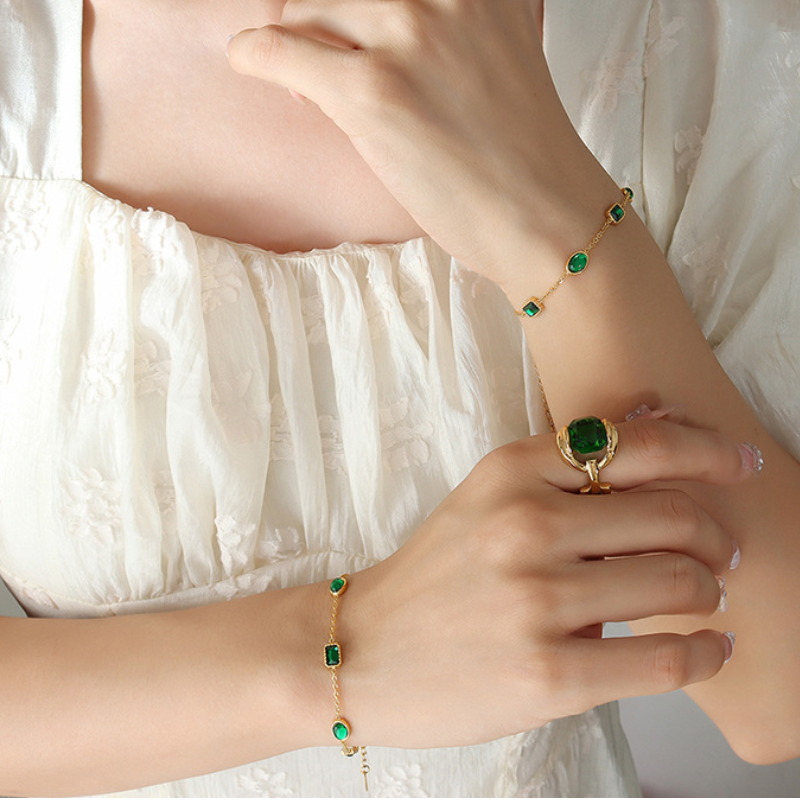 Green Cubic Zirconia Stainless Steel Bracelet