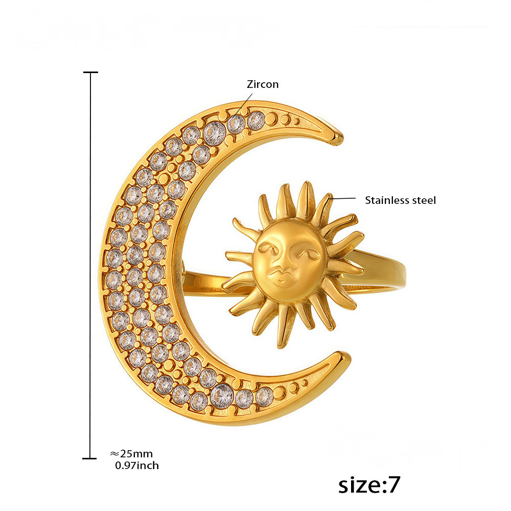 18K Gold PVD Moon Sun Cubic Zirconia Necklace Ring Jewelry Suit