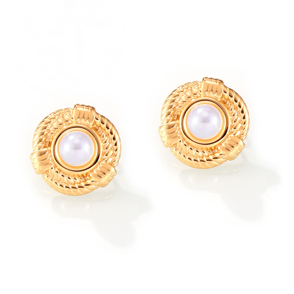 Stainless Steel Geometric Twist Design Inlay Imitation Pearl Stud Earrings