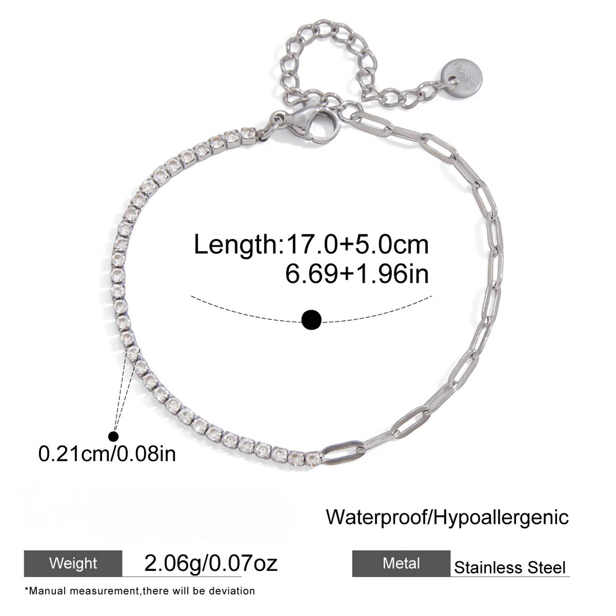 Stainless Steel Rhinestone Splicing Paperclip Chain Bracelet
