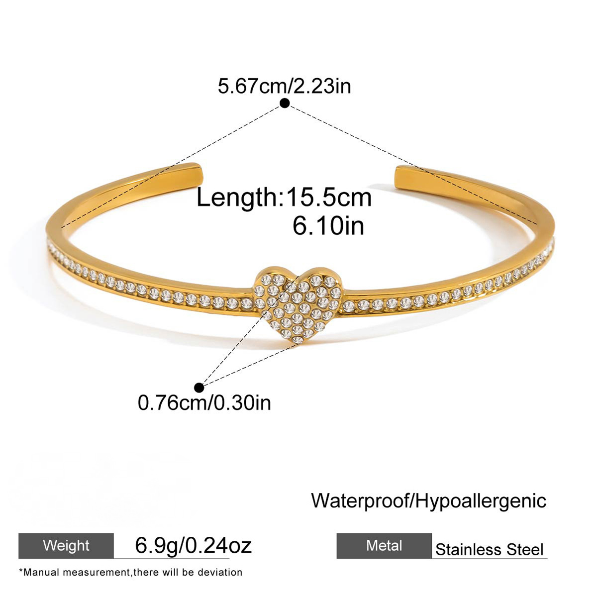 Stainless Steel Heart-shaped Rhinestone Cuff Bracelet