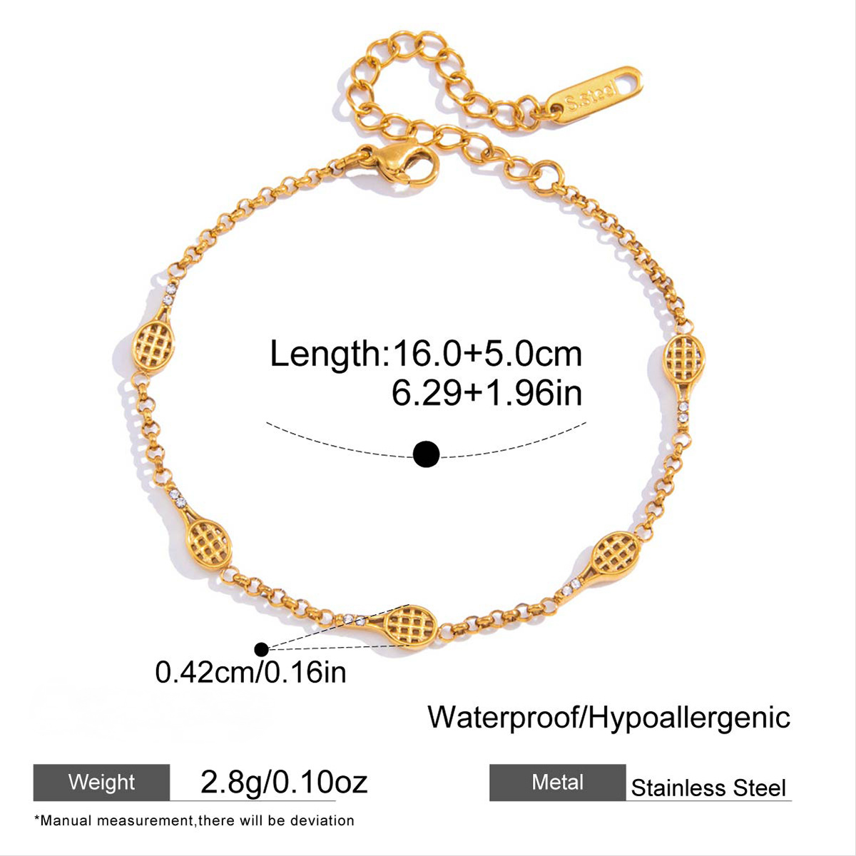 Stainless Steel Tennis Racket Cubic Zirconia Bracelet