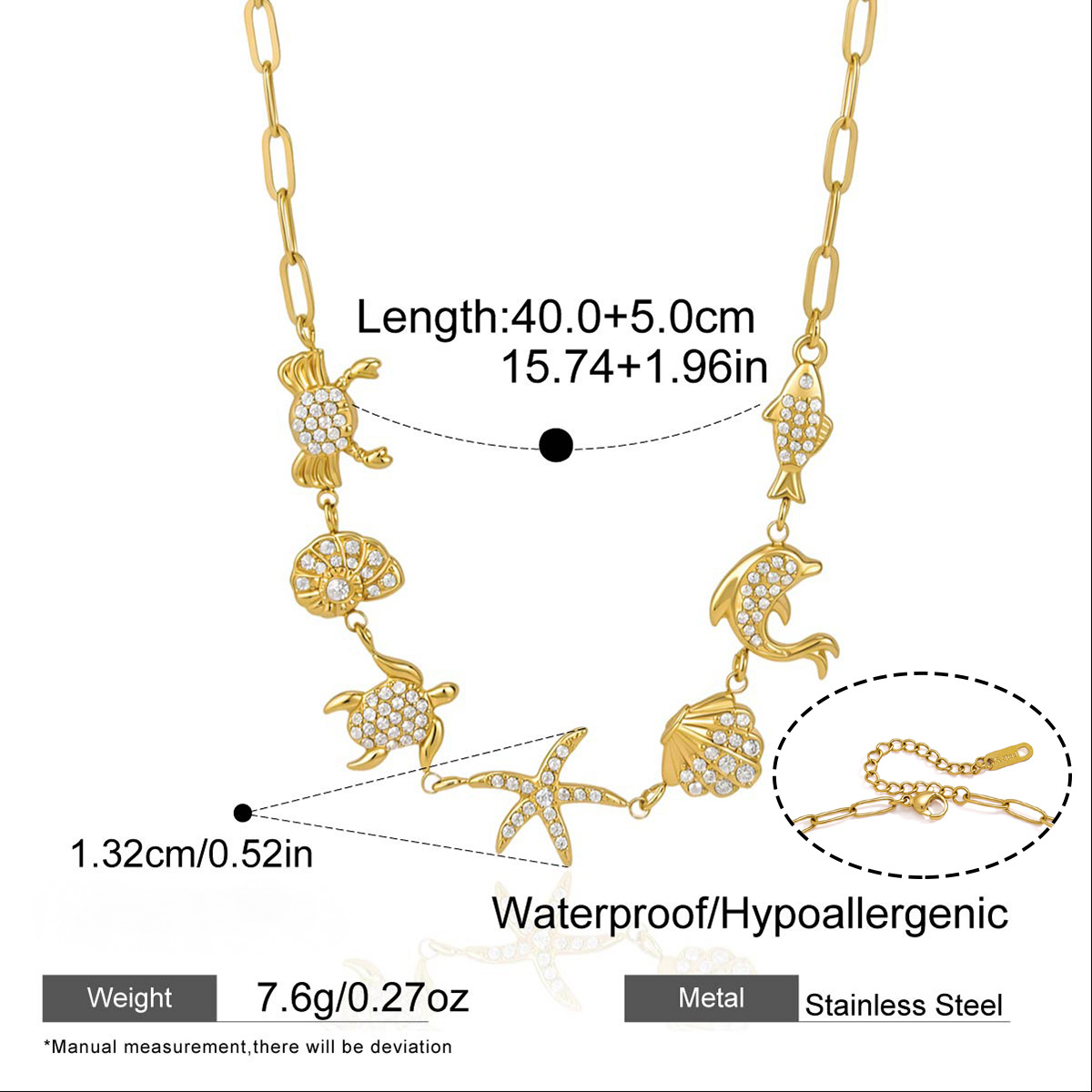 Stainless Steel White Rhinestone Turtle Lobster Shell Conch Starfish Necklace