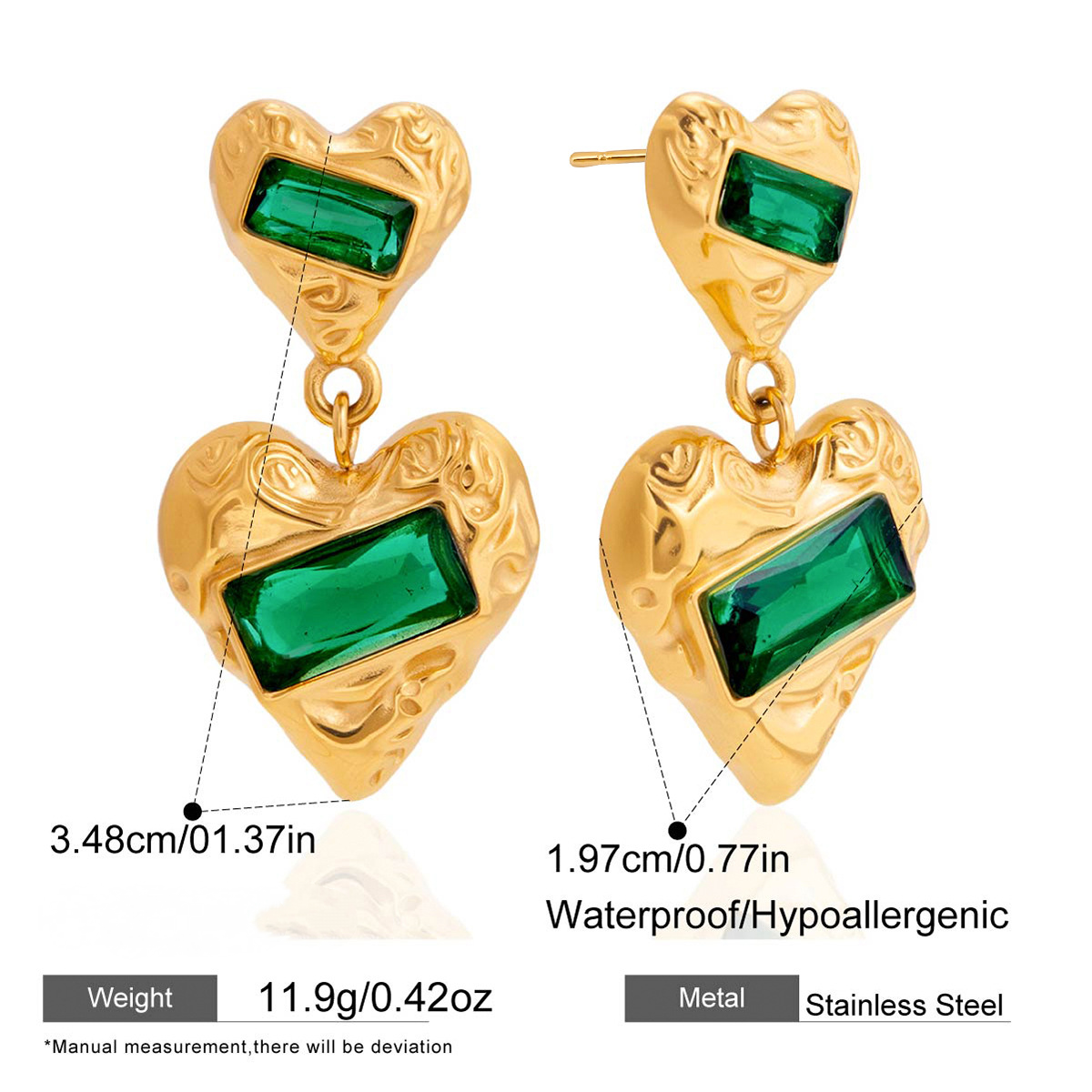 Stainless Steel Heart-shaped Green Cubic Zirconia Drop Earrings