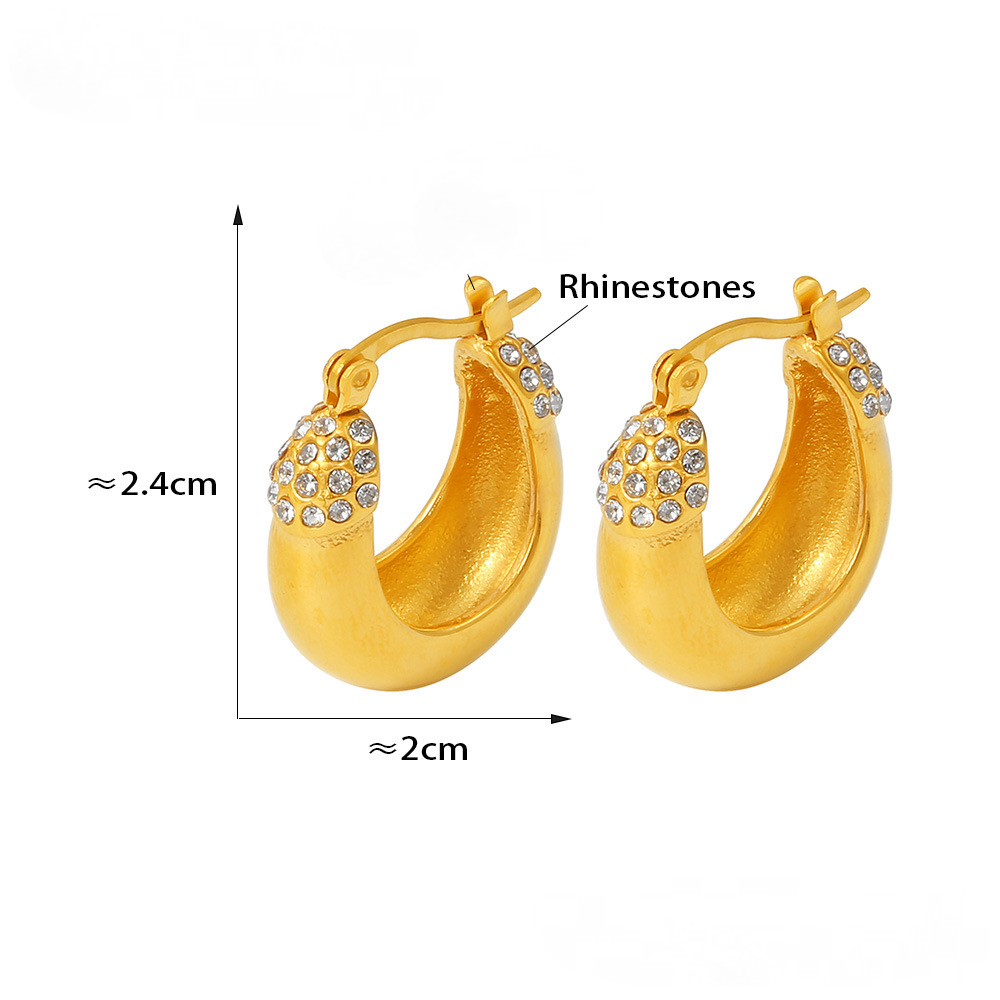 Vintage Stainless Steel Inlay Rhinestones Hoop Earrings