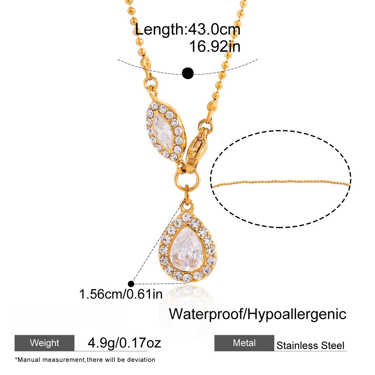 Stainless Steel Water Drop Cubic Zirconia Pendant Bead Chain Necklace
