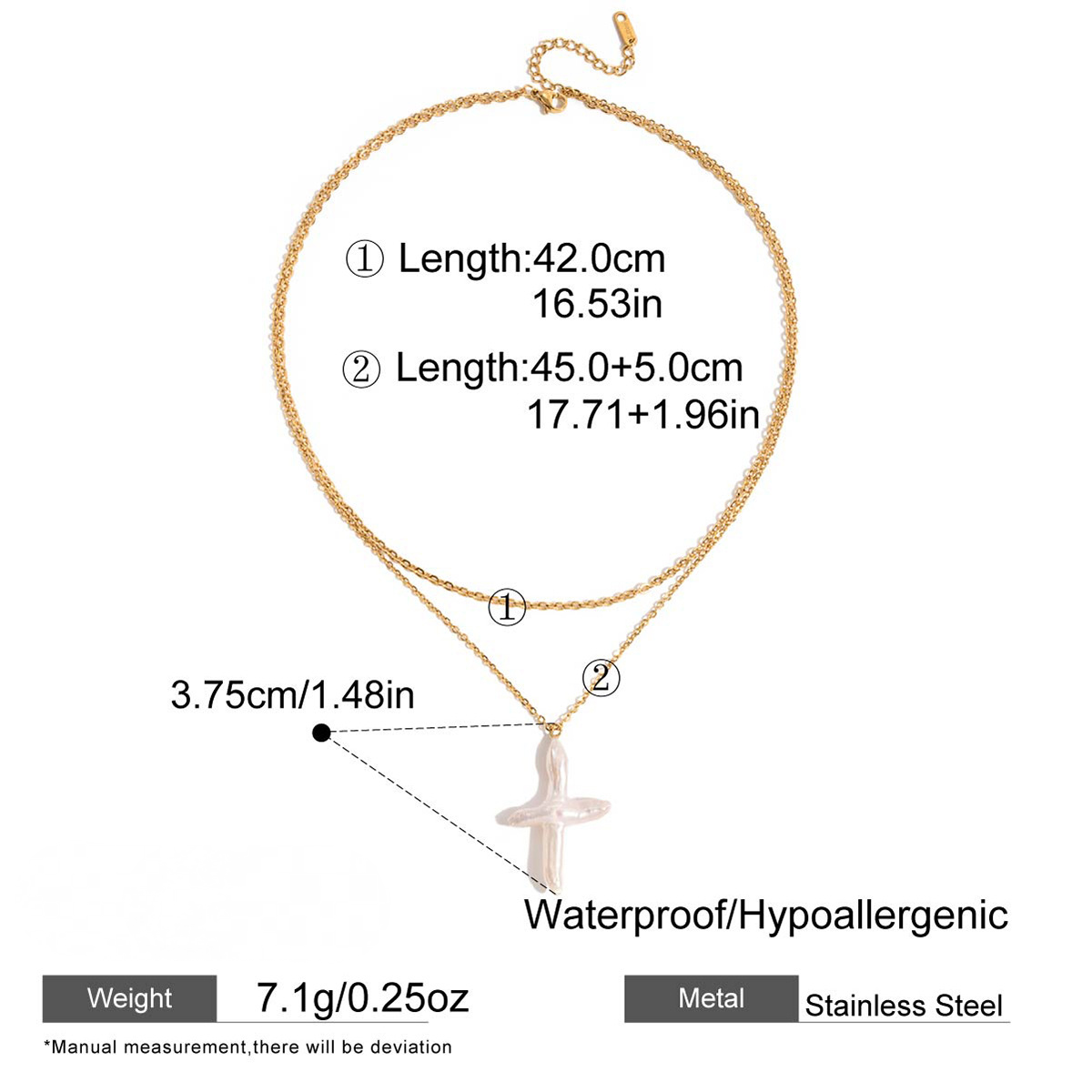 Stainless Steel Freshwater Pearl Cross Double-layer Necklace