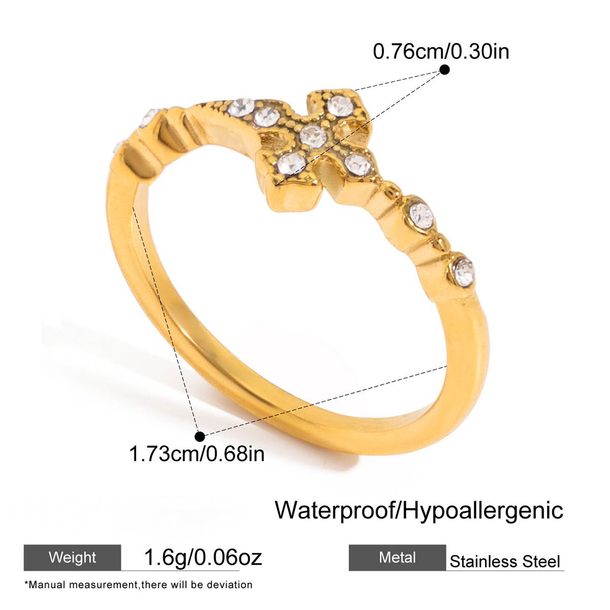 Stainless Steel 18K Gold PVD Cross Cubic Zirconia Ring