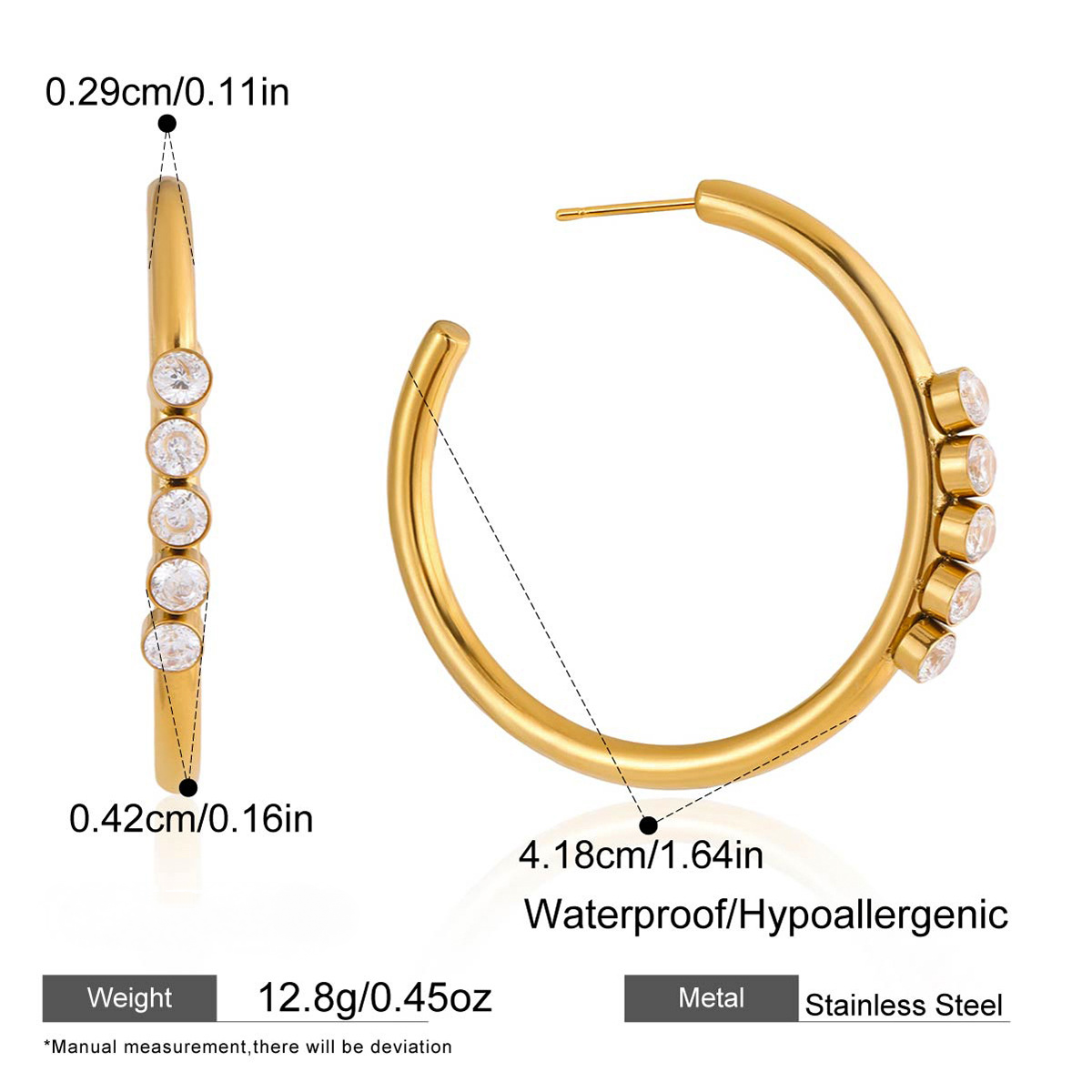 Stainless Steel White CZ C-shaped Stud Earrings
