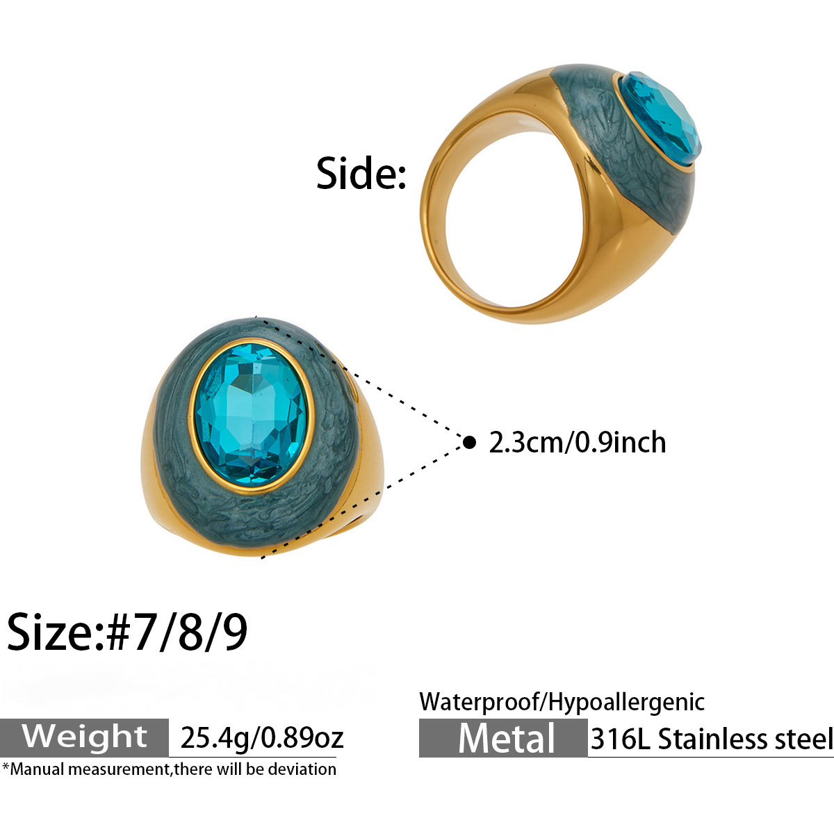 Stainless Steel Rainbow Enamel Oval Glass Stone Ring
