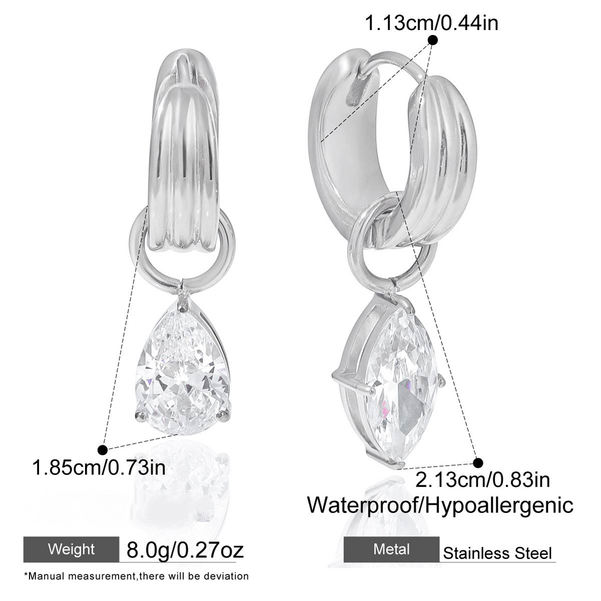 Stainless Steel Geometric Cubic Zirconia Pendant Huggie Earrings