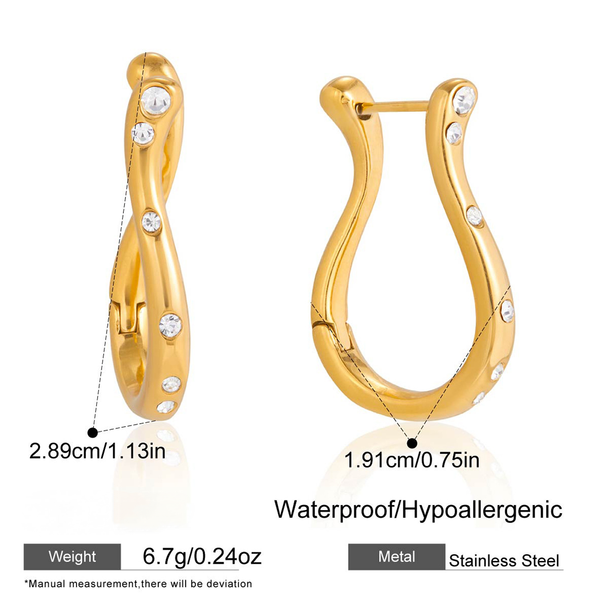 Stainless Steel Irregular Diamond-encrusted Hoop Earrings