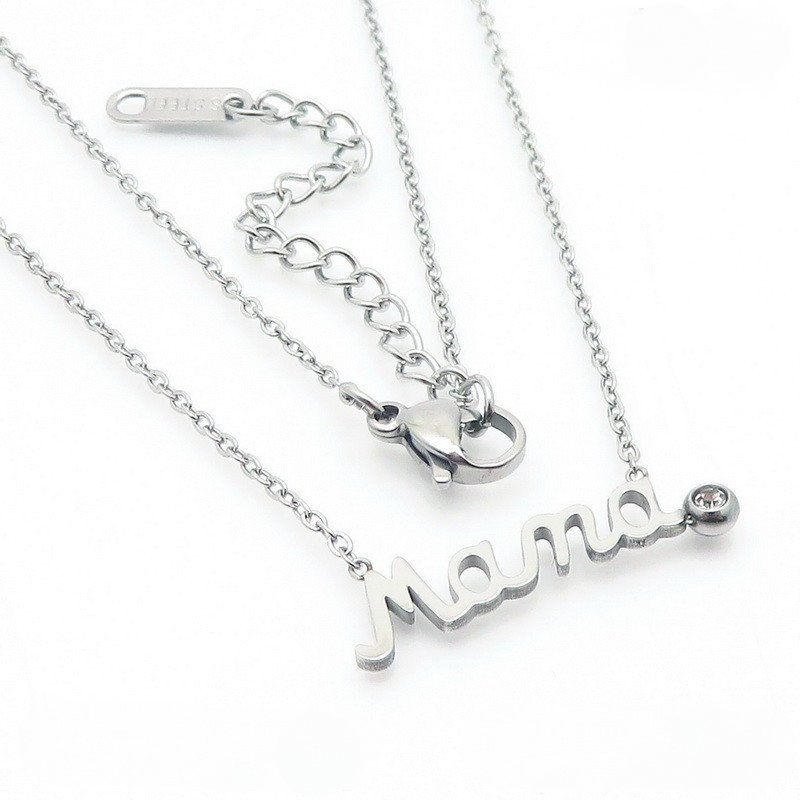 Stainless Steel Mama Letter Round Cubic Zirconia Pendant Necklace