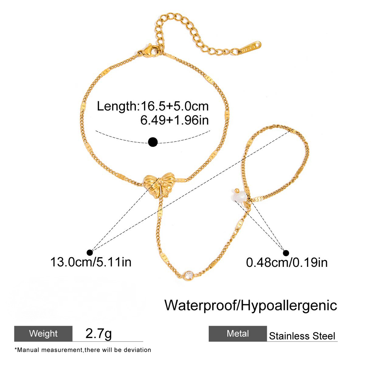 Stainless Steel Pearl Diamond Butterfly Finger Hand Chain Bracelet