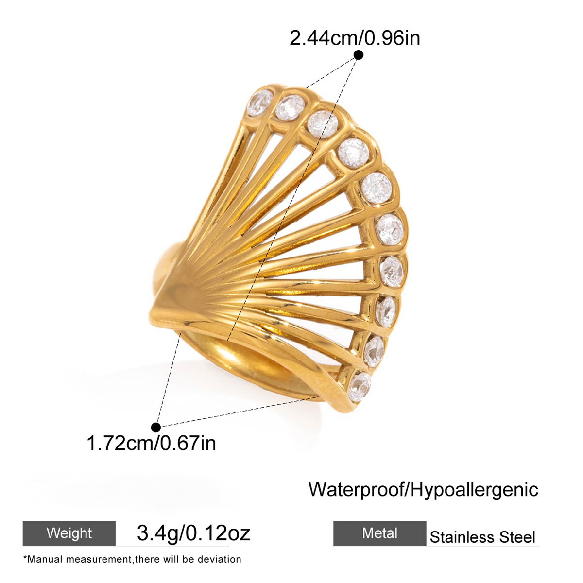 Stainless Steel Fan-shaped CZ Ring Earrings Necklace Jewelry Set