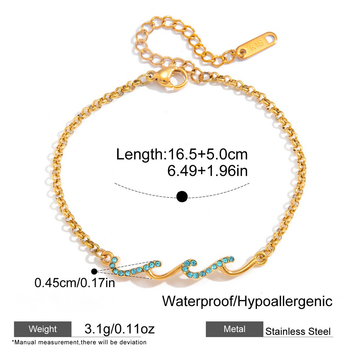 Stainless Steel Blue Rhinestone Wave Bracelet