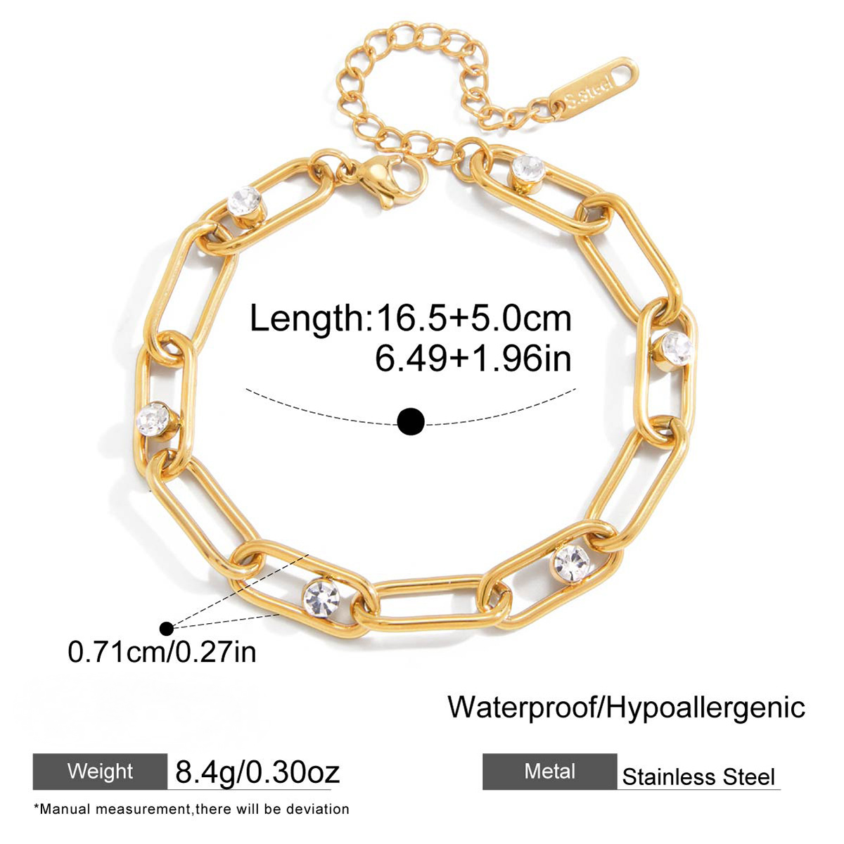 Stainless Steel Cubic Zirconia Paperclip Chain Bracelet