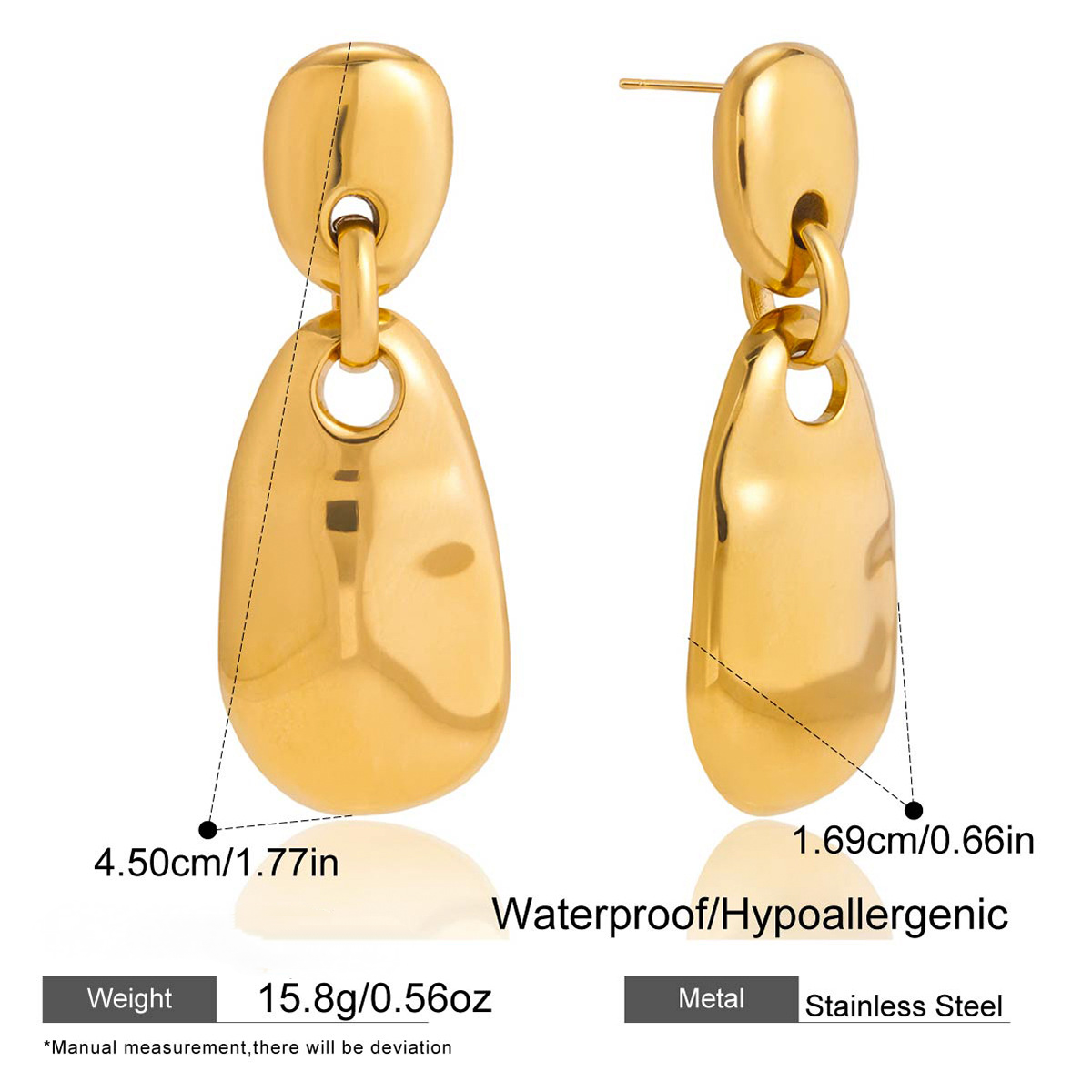Stainless Steel 18K Gold PVD Oval Pendant Stud Earrings
